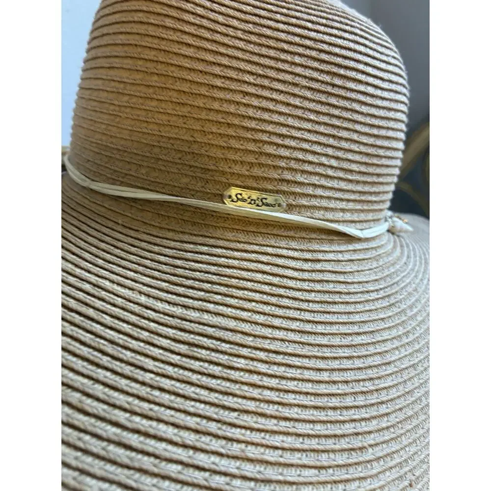 Coastal Grandma Sun 'N Sand Wide Brim Floppy Straw Hat Shell & Pearl Trim UPF 50
